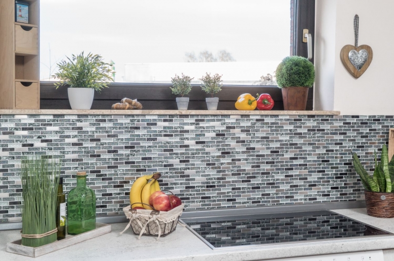 Carreau de mosaïque translucide acier inoxydable gris argenté noir composite mosaïque de verre Crystal acier gris argenté noir MOS87-IL017_f | 10 tapis de mosaïque
