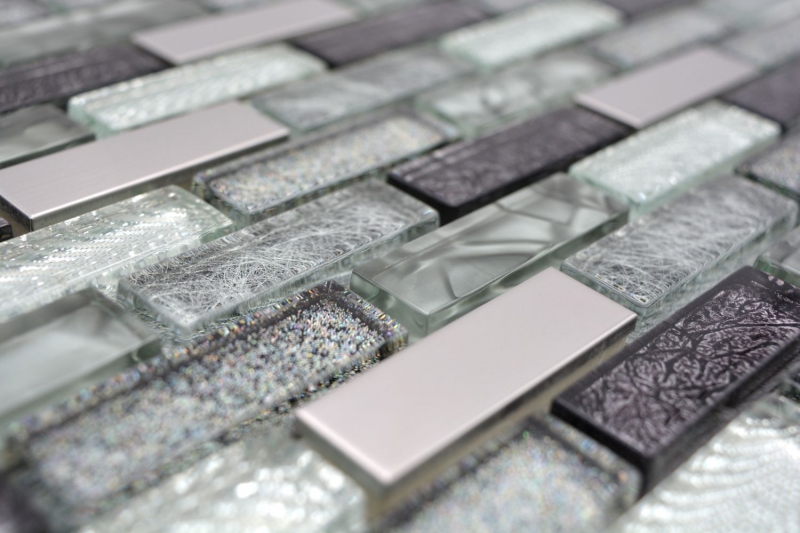 Carreau de mosaïque translucide acier inoxydable gris argenté noir composite mosaïque de verre Crystal acier gris argenté noir MOS87-IL017_f | 10 tapis de mosaïque