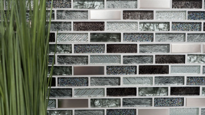 Carreau de mosaïque translucide acier inoxydable gris argenté noir composite mosaïque de verre Crystal acier gris argenté noir MOS87-IL017_f | 10 tapis de mosaïque