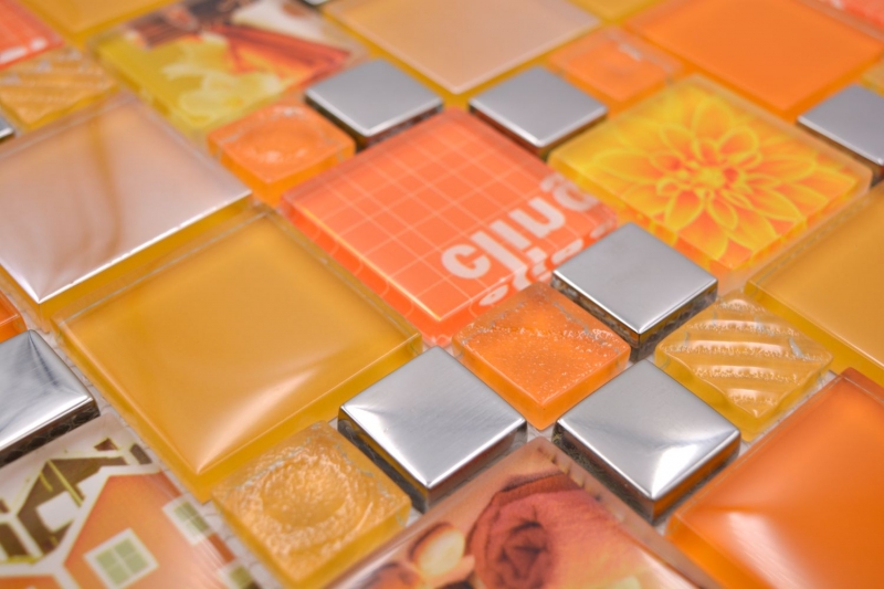 Mosaïque transparente Crystal Mosaïque de verre argenté orange mur carrelage cuisine douche salle de bain_f | 10 tapis de mosaïque