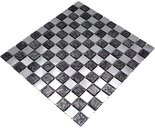 Mosaïque arrière aluminium mosaïque de verre aluminium damier noir argenté MOS49-0302_f