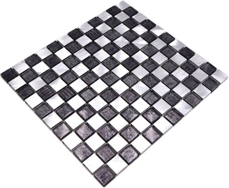 Mosaïque arrière aluminium mosaïque de verre aluminium damier noir argenté MOS49-0302_8mm_f