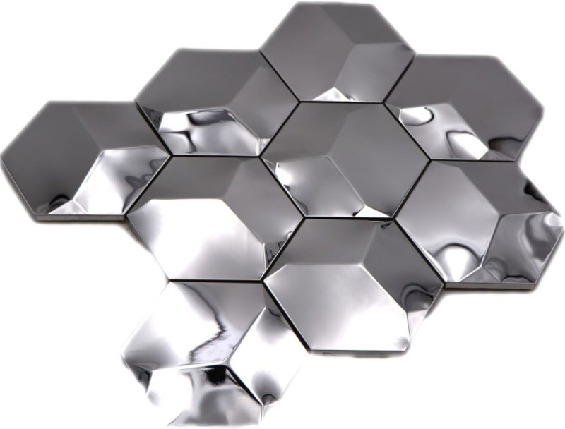 Mosaïque dosseret acier inoxydable argenté Hexagon 3D acier brillant MOS129-HXM10SG_f