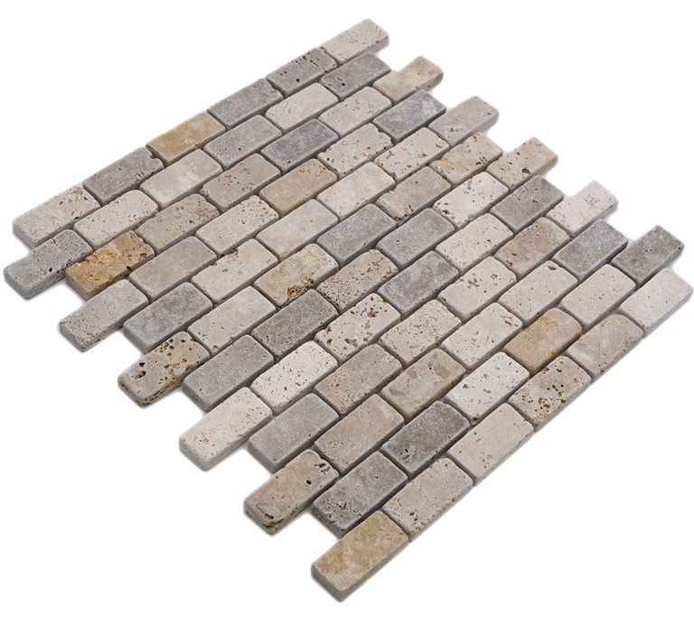 Mosaïque Carreau travertin pierre naturelle beige brun Brick travertin tumbled MOS43-46474_f