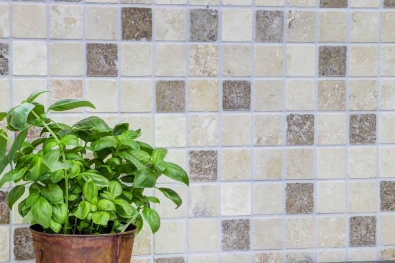 Mosaïque de carrelage Travertin Pierre naturelle beige brun Chiaro + Noche Travertin MOS43-1216_f
