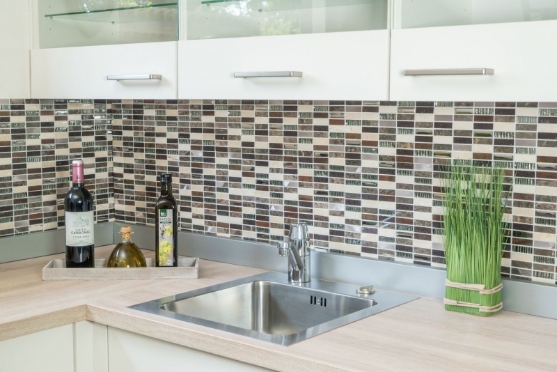 Carreau de mosaïque Translucide Composite Aluminium beige marron argent noir Rectangle Mosaïque de verre Crystal Artificial Stein Alu EP beige marron MOS87-SM48_f