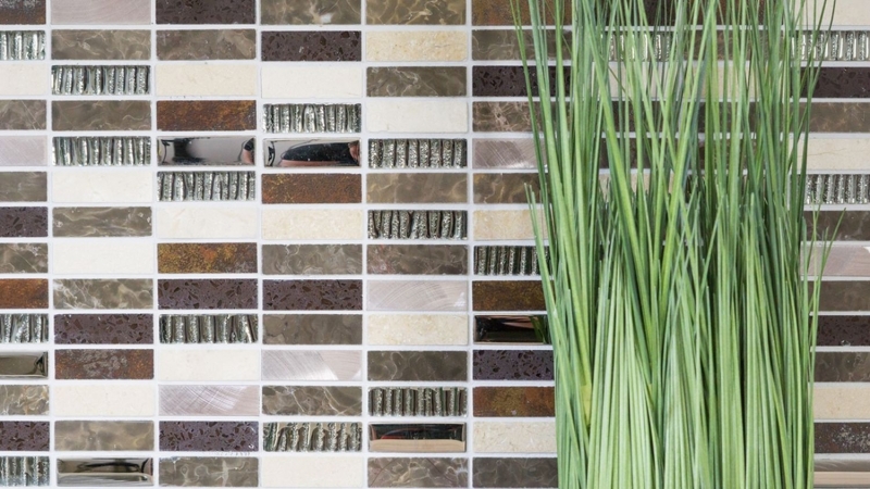Carreau de mosaïque Translucide Composite Aluminium beige marron argent noir Rectangle Mosaïque de verre Crystal Artificial Stein Alu EP beige marron MOS87-SM48_f