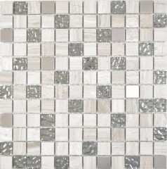 Carré Crystal/pierre/acier mix wood white Carreau de mosaïque murale Carrelage cuisine salle de bain MOS82-0108_f