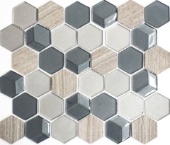 Pierre naturelle Mosaïque de verre Carreaux de mosaïque Hexagonal anthracite gris clair gris rayé Carrelage salle de bain - MOS11D-22