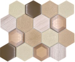Mosaïque de verre hexagonale Carrelage en pierre naturelle beige crème bronze Marbre Miroir anti-éclaboussures mur salle de bain WC - MOS11E-77
