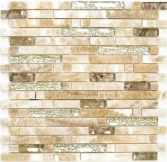 Mosaïque de verre Pierre naturelle bâtonnets Carreaux de mosaïque ambre or crème beige avec reflets Revêtement mural salle de bain - MOS87-MV748