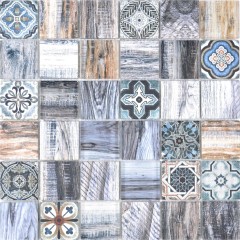 Mosaïque Carreau Patchwork bleu gris imitation bois Miroir de fond de cuisine MOS160-w400