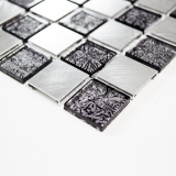 Motif à main Carreau de mosaïque Aluminium Translucide Mosaïque de verre Crystal Alu damier noir argenté MOS49-0302_m